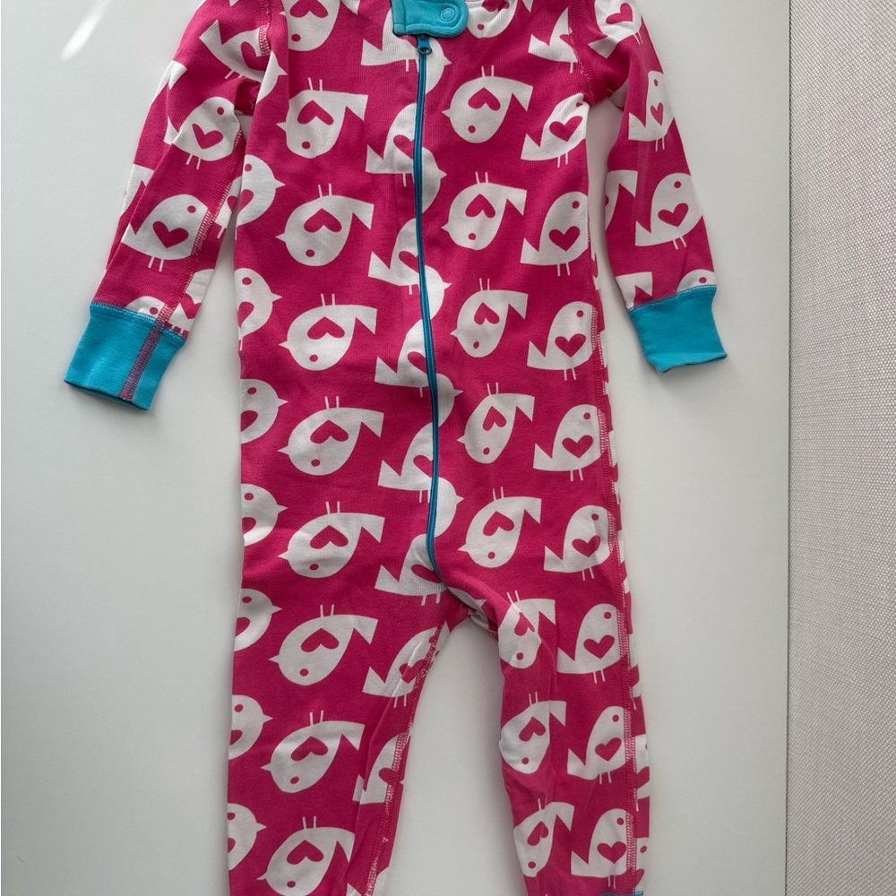 Hanna Andersson Pink Bird Print Zip Sleeper with Turquoise Trim